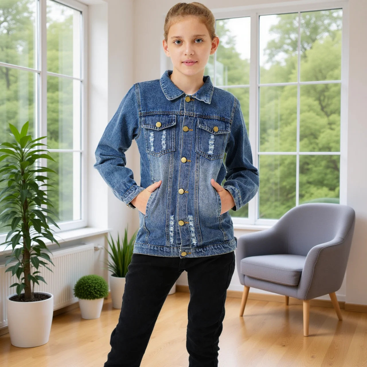 Wholesale Kids Ripped Denim Jacket 4-14Y | Girls Boys Soft Cozy Jean Coat | Trendy Casual Outerwear | US Warehouse in Stock